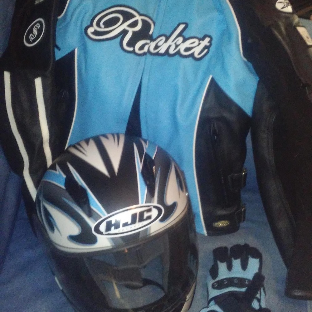 Motor cycle Helmet, jacket, and gloves